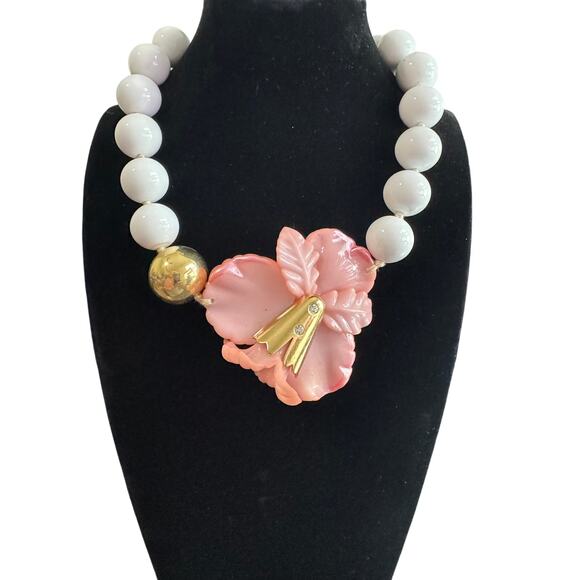 Vintage Large Statement Beaded Pink Hibiscus With White And Gold Tone Beads - Picture 2 of 6
